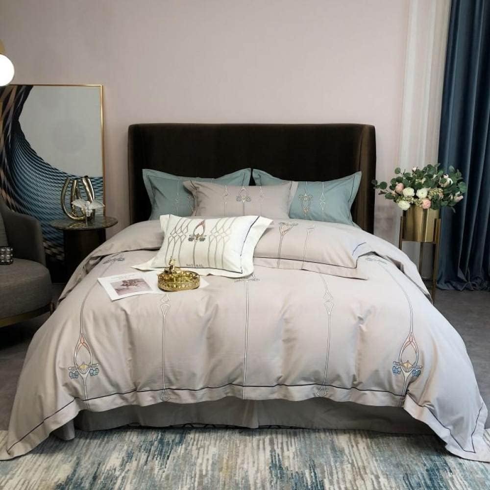 Luxury Embroidered Duvet Set - Silver Grey &  Cyan