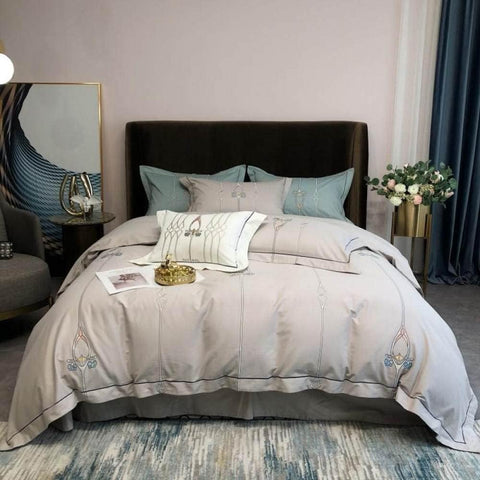 Luxury Embroidered Duvet Set - Silver Grey &  Cyan
