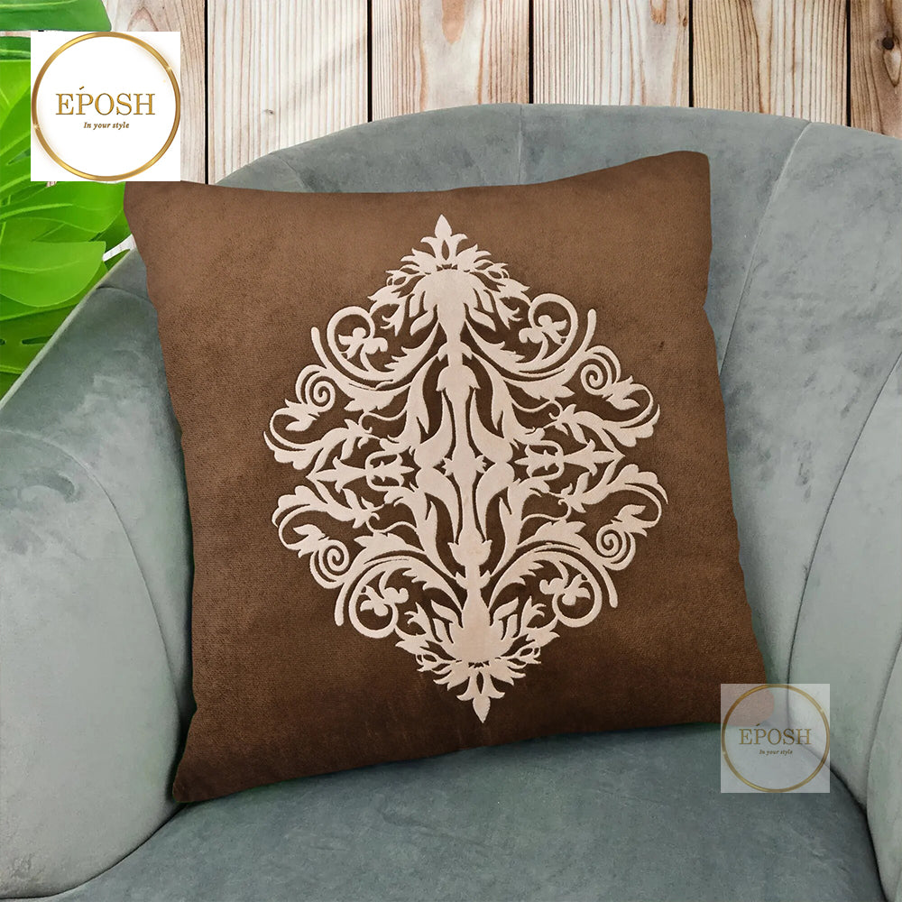 Pack of 2 Embossed Velvet Applique Cushions - Beige on Brown