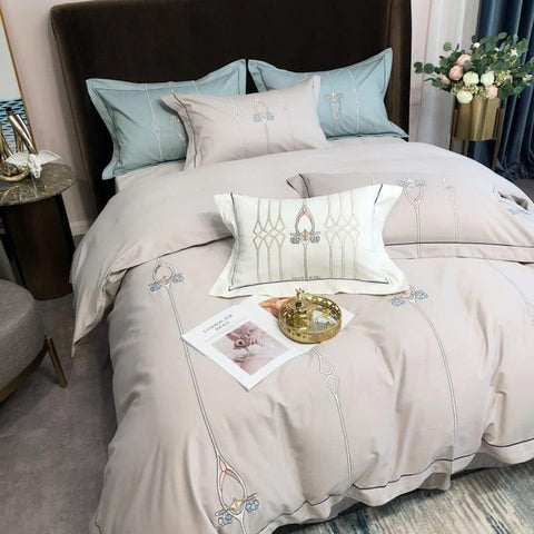 Luxury Embroidered Duvet Set - Silver Grey &  Cyan