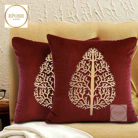 Pack of 2 Embossed Velvet Applique Cushions - Beige on Maroon
