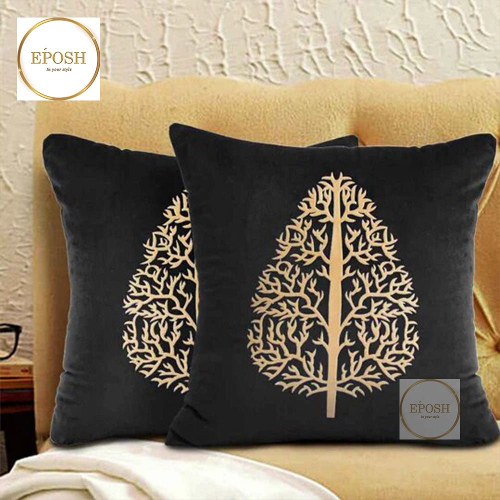Pack of 2 Embossed Velvet Applique Cushions - Beige on Black