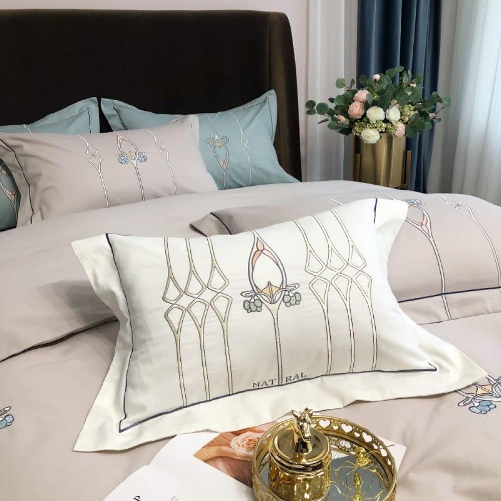 Luxury Embroidered Duvet Set - Silver Grey &  Cyan