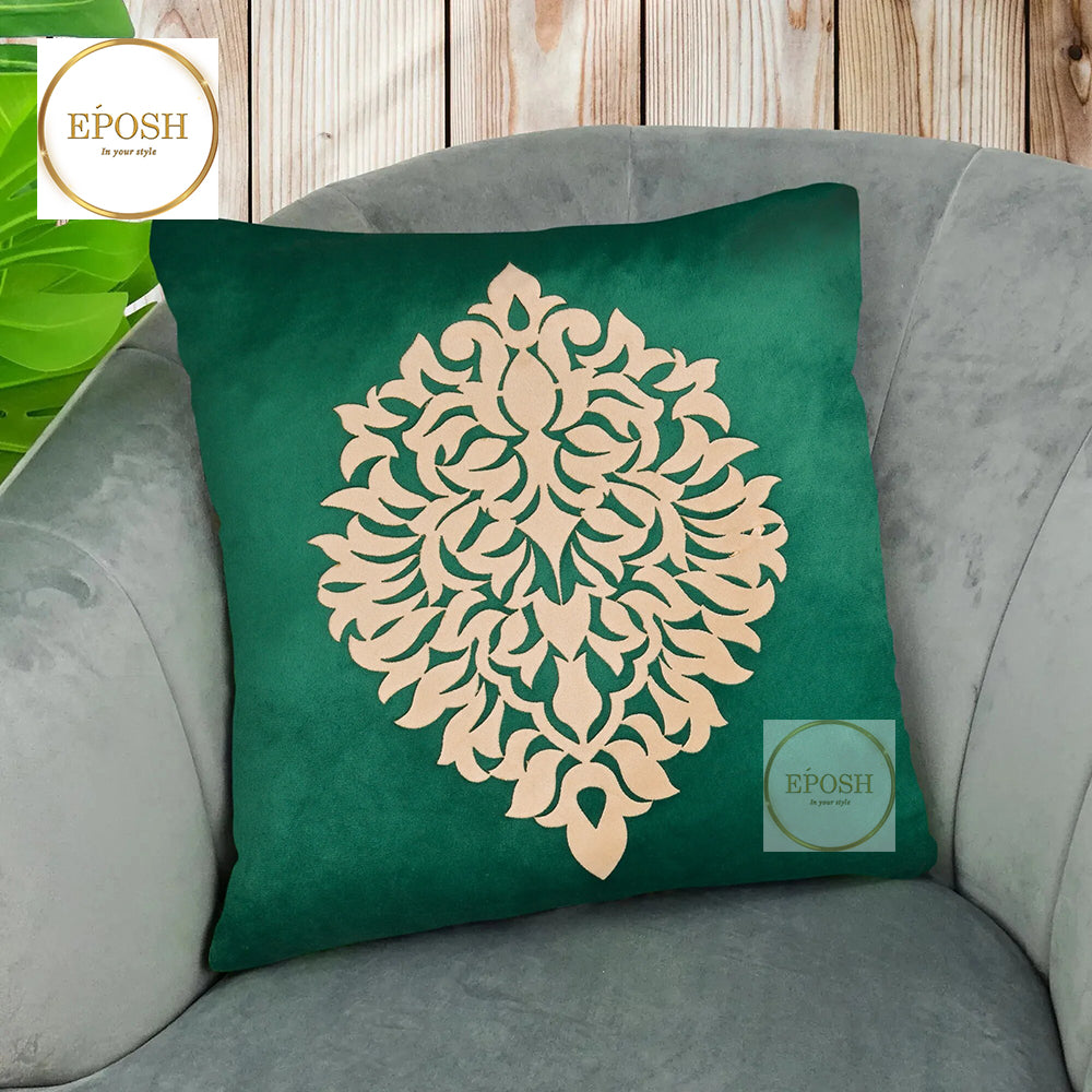 Pack of 2 Embossed Velvet Applique Cushions - Beige on Green