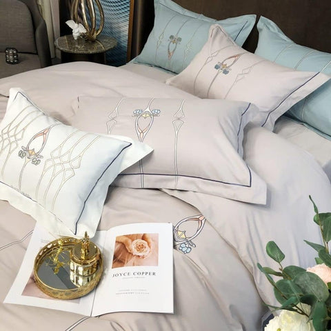Luxury Embroidered Duvet Set - Silver Grey &  Cyan