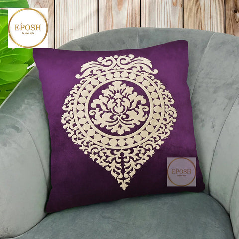 Pack of 2 Embossed Velvet Applique Cushions - Beige on Purple