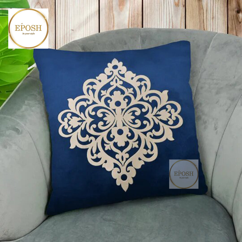 Pack of 2 Embossed Velvet Applique Cushions  - Beige on Blue