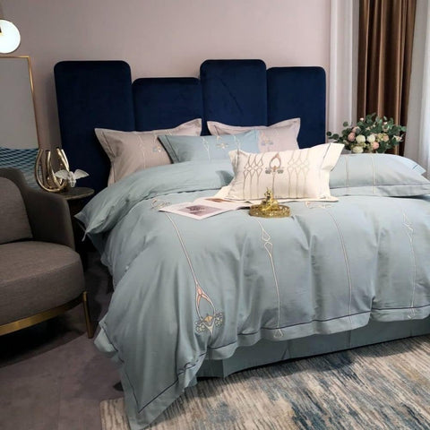 Luxury Embroidered Duvet Set - Cyan & Vanilla