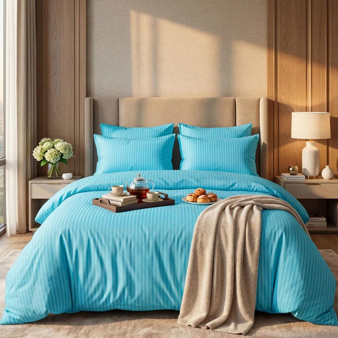 Luxury Satin Stripe Duvet set - Sky Blue