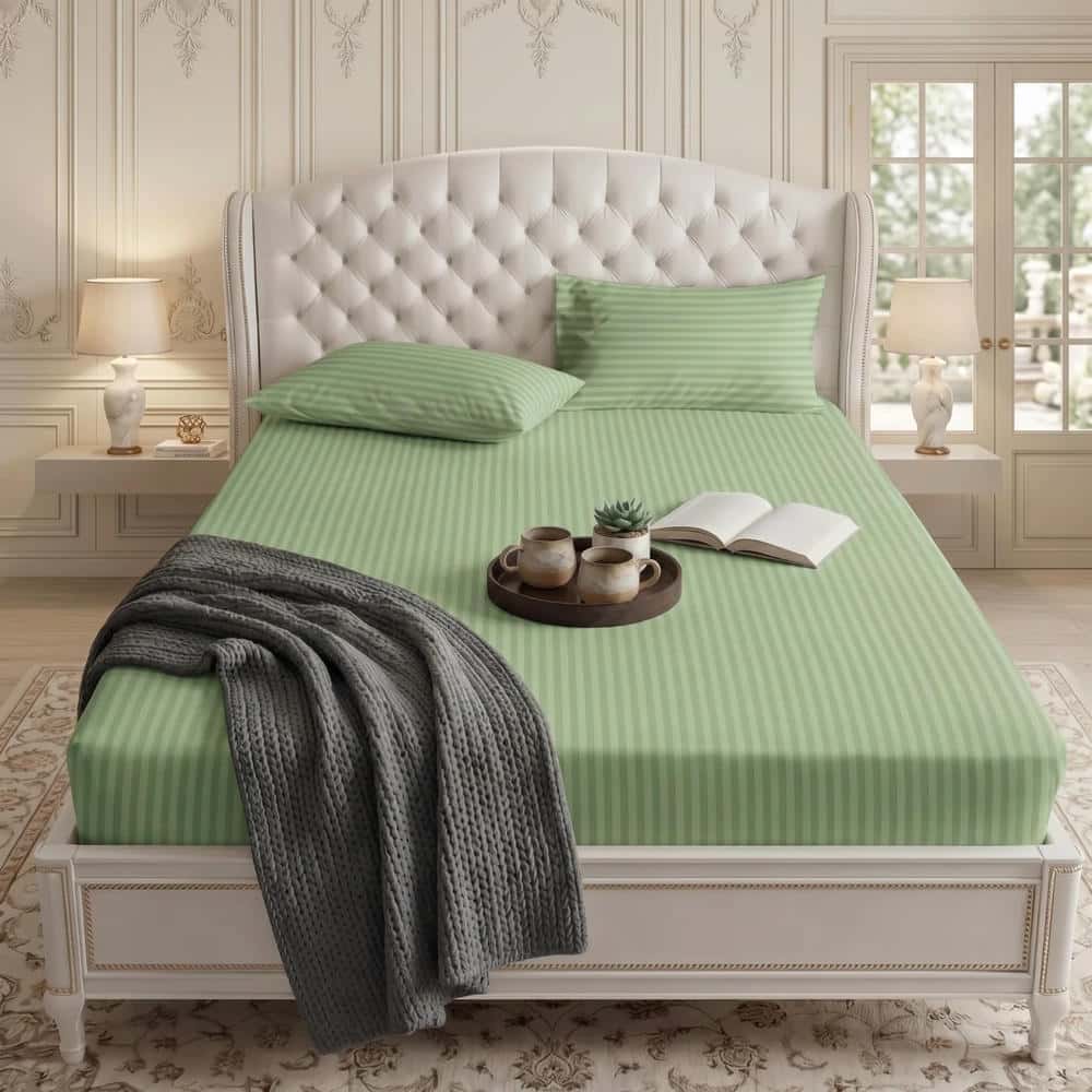 Satin Stripe Fitted Sheet - Mint Green