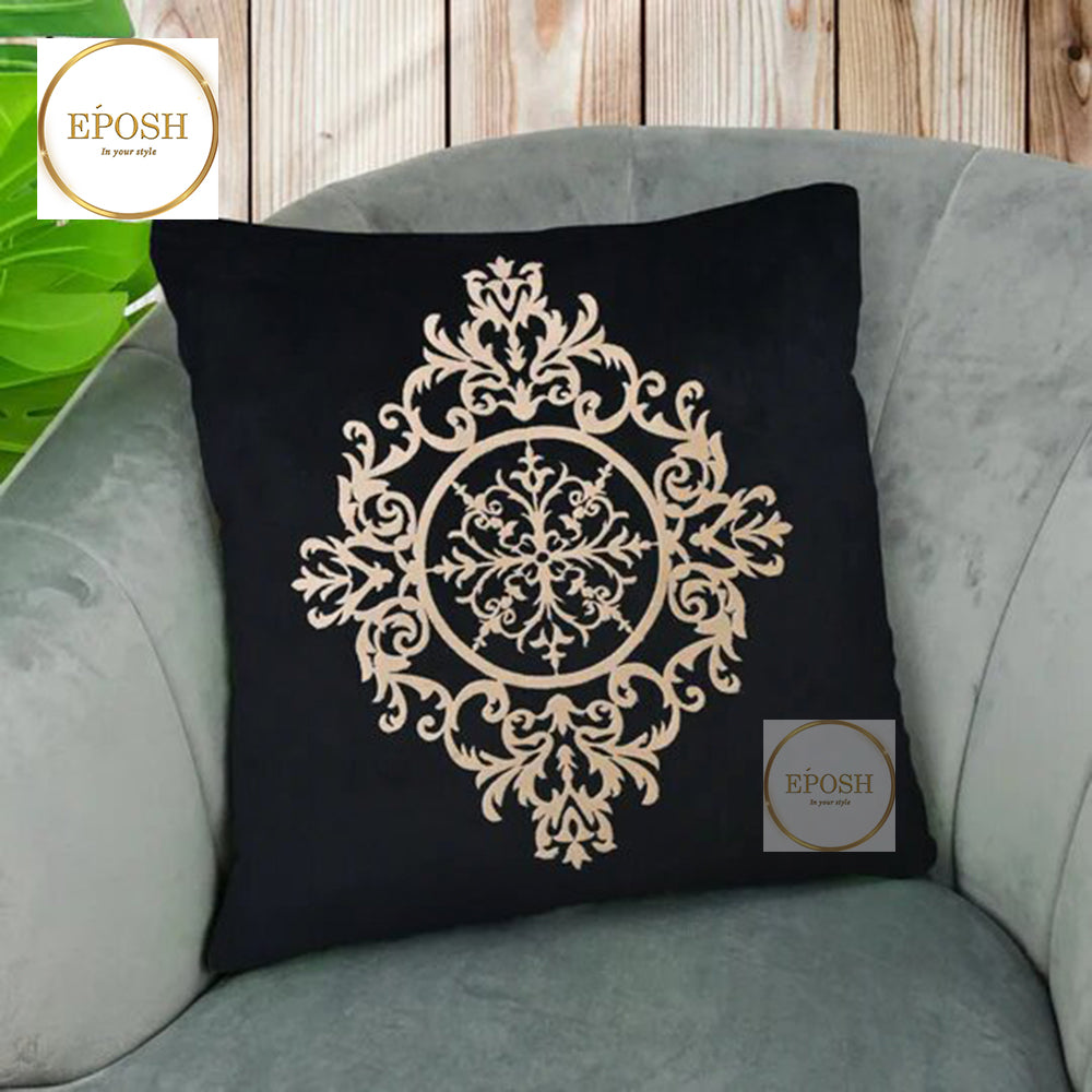 Pack of 2 Embossed Velvet Applique Cushions - Beige on Black
