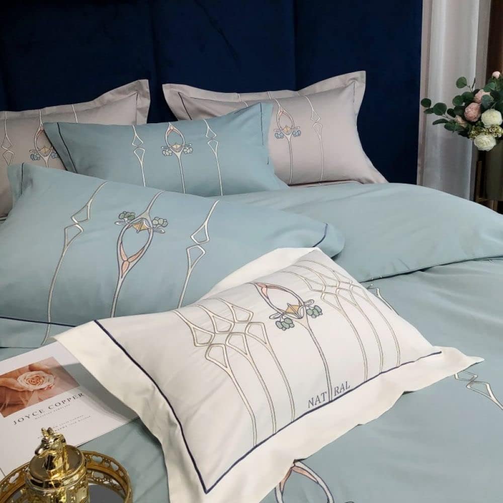 Luxury Embroidered Duvet Set - Cyan & Vanilla