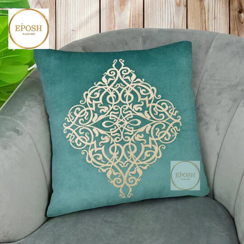 Pack of 2 Embossed Velvet Applique Cushions  - Beige on Turquoise