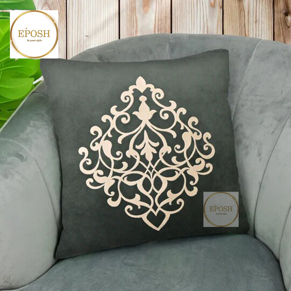 Pack of 2 Embossed Velvet Applique Cushions  - Beige on Grey