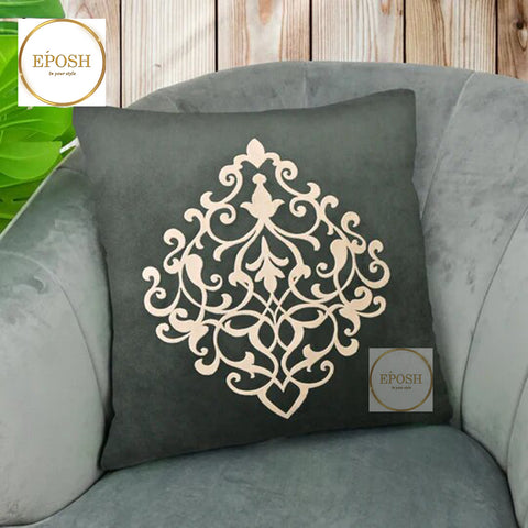 Pack of 2 Embossed Velvet Applique Cushions  - Beige on Grey