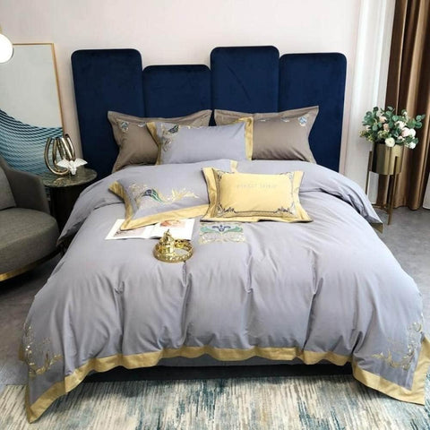 Luxury Embroidered Duvet Set- Silver Grey
