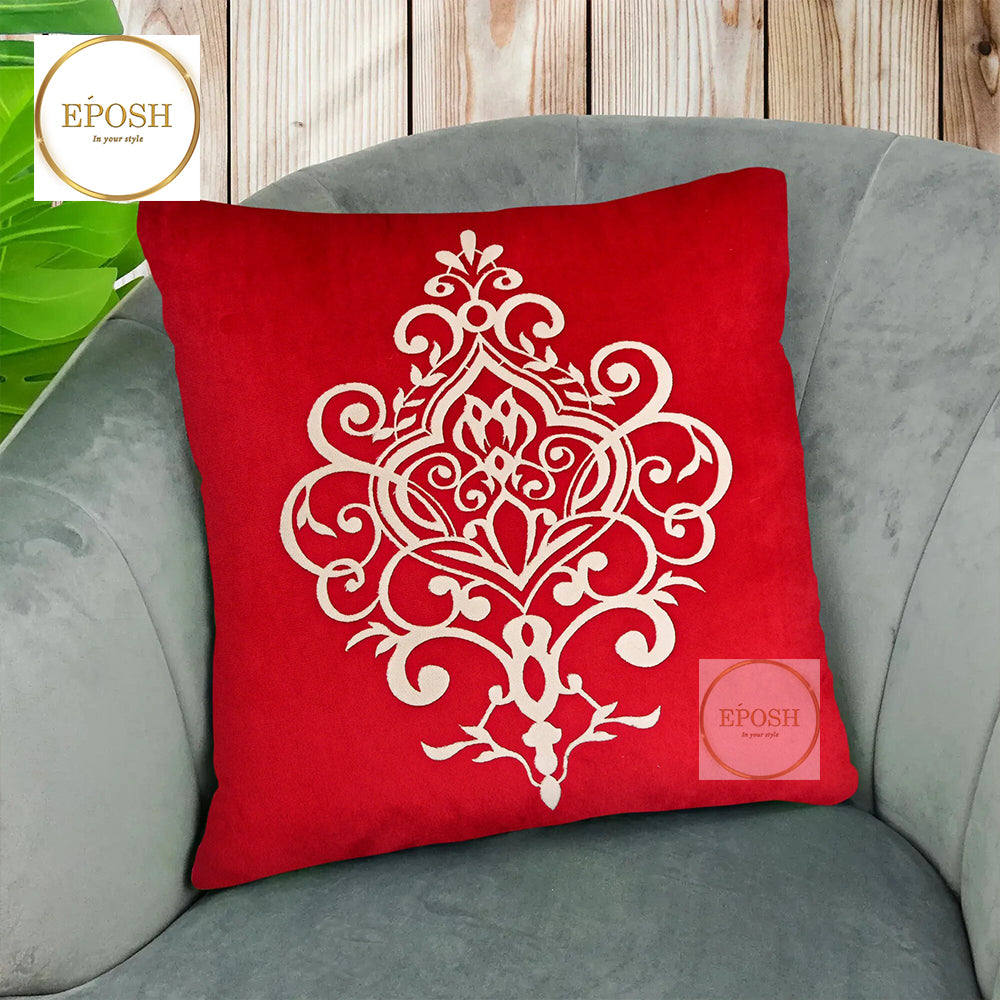Pack of 2 Embossed Velvet Applique Cushions - Beige on Red