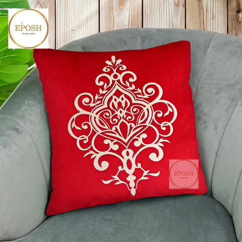 Pack of 2 Embossed Velvet Applique Cushions - Beige on Red
