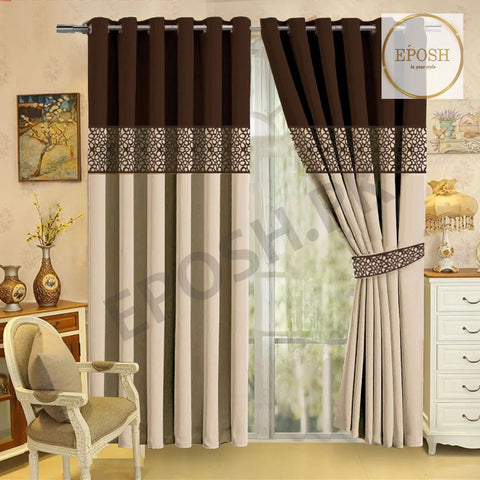 2 Pieces Premium splendid velvet curtain & 2 Belts (Cream/Dark Brown)
