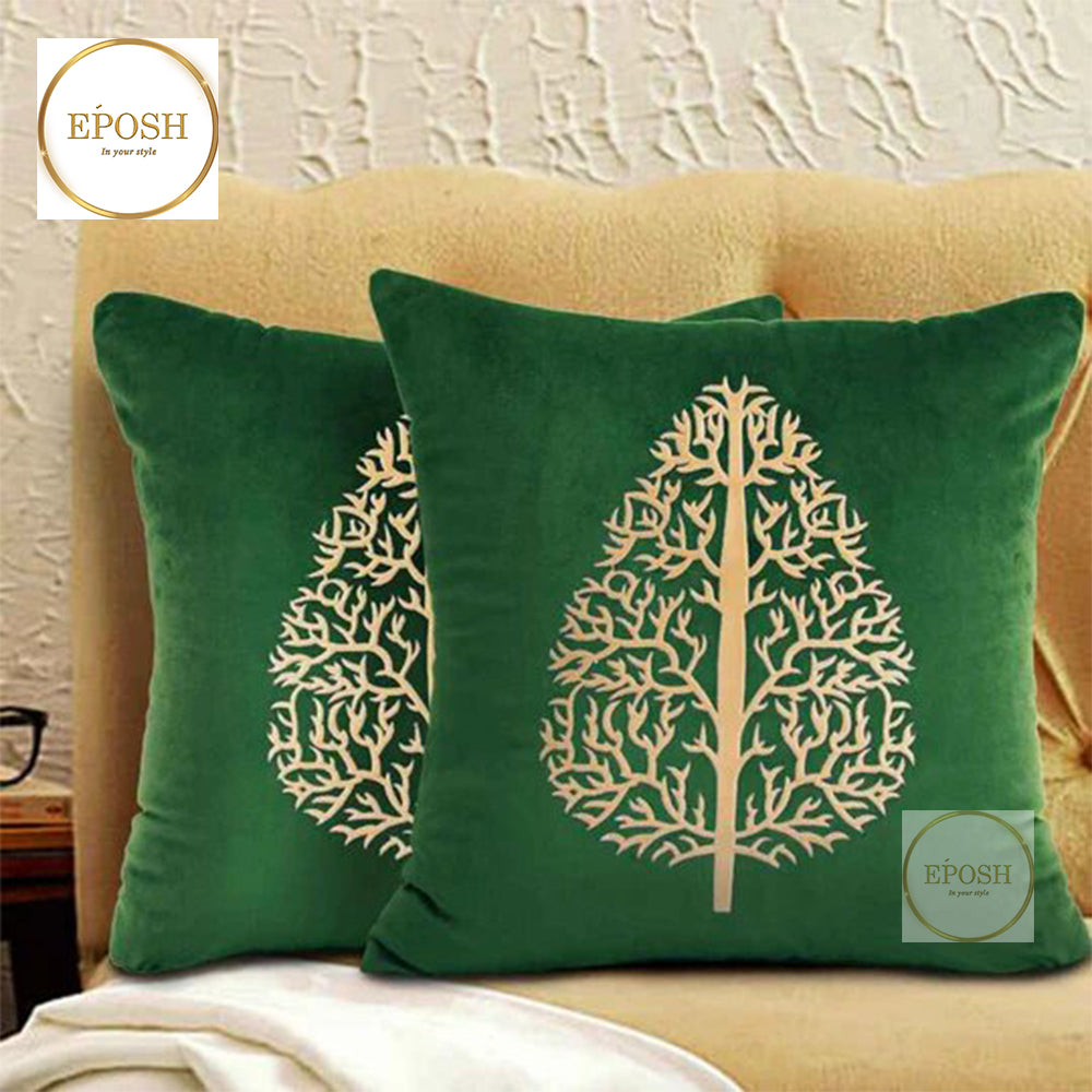 Pack of 2 Embossed Velvet Applique Cushions - Beige on Green