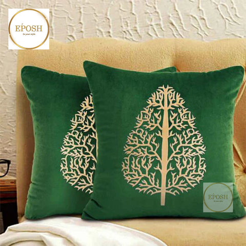 Pack of 2 Embossed Velvet Applique Cushions - Beige on Green
