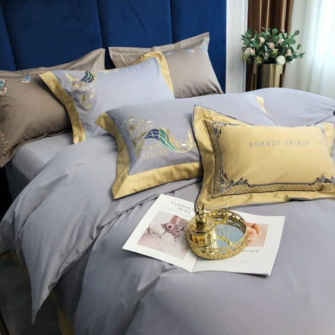 Luxury Embroidered Duvet Set- Silver Grey