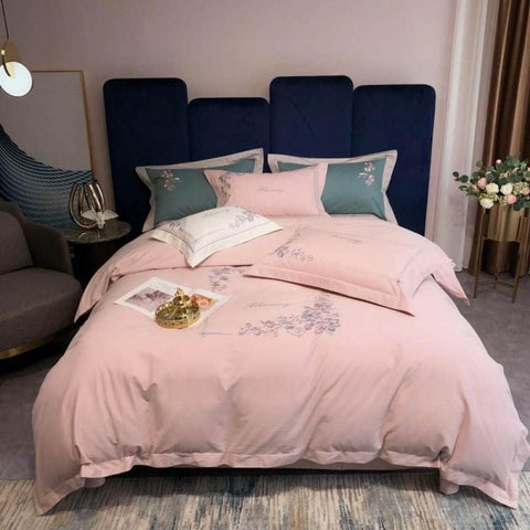 Luxury Embroidered Duvet Set-Light  Pink & Cyan