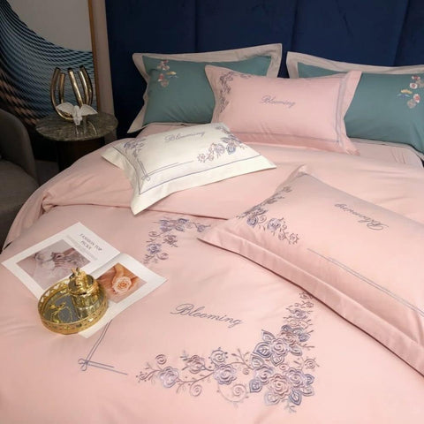 Luxury Embroidered Duvet Set-Light  Pink & Cyan