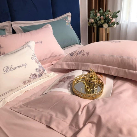 Luxury Embroidered Duvet Set-Light  Pink & Cyan