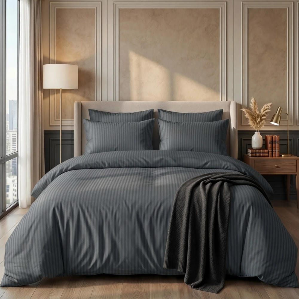 Luxury Satin Stripe Duvet Set - Charcoal Grey