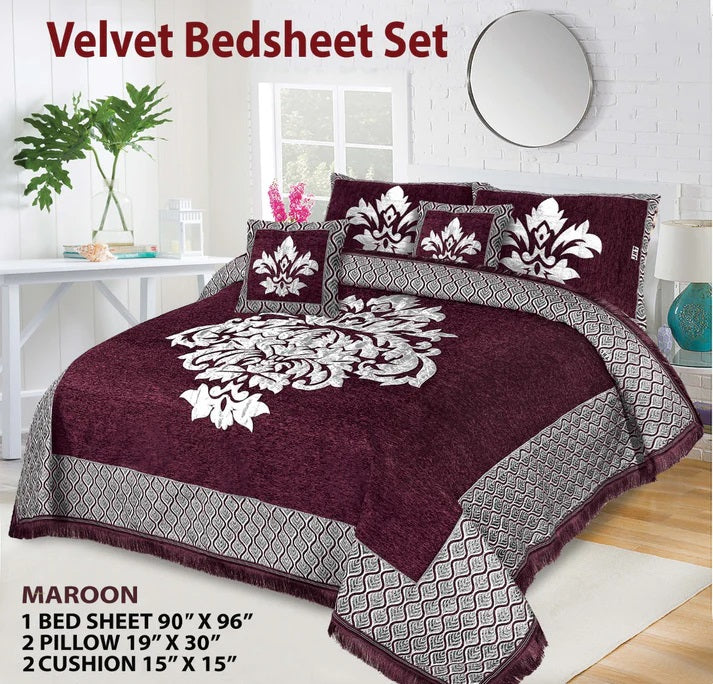 JACQUARD VELVET BED SHEET ( MAROON ) - 5 PCS