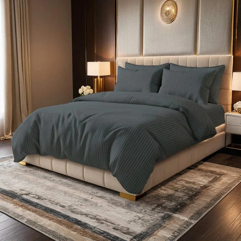 Luxury Satin Stripe Duvet Set - Charcoal Grey