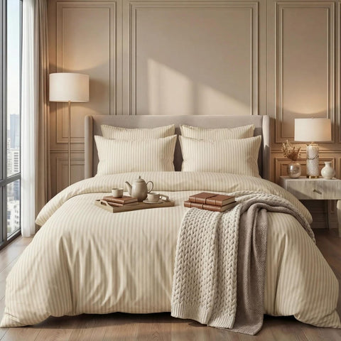 Luxury Satin Stripe Duvet Set - Light Beige
