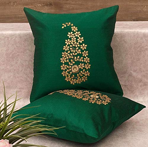 Pack of 2 Decorative Embroidered Square Cushion - Dark Green