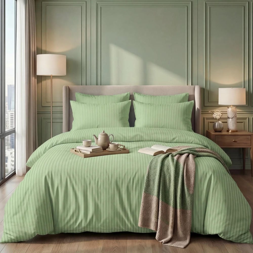 Luxury Satin Stripe Duvet Set - Sage Green