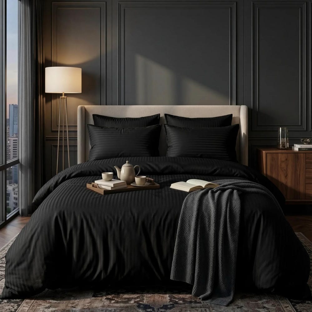 Luxury Sateen Stripe Duvet Set - Black
