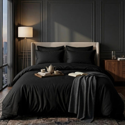 Luxury Sateen Stripe Duvet Set - Black