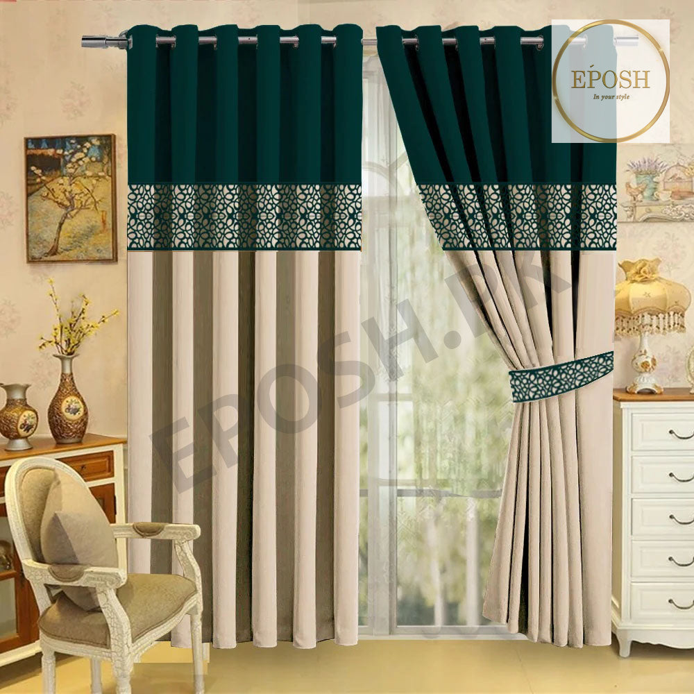 2 Pieces Premium splendid velvet curtain & 2 Belts (Cream/Dark Green)