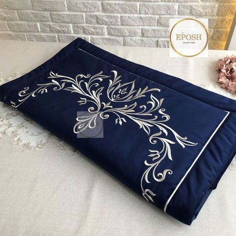 Velvet Embroidered Prayer Mat - Navy Blue