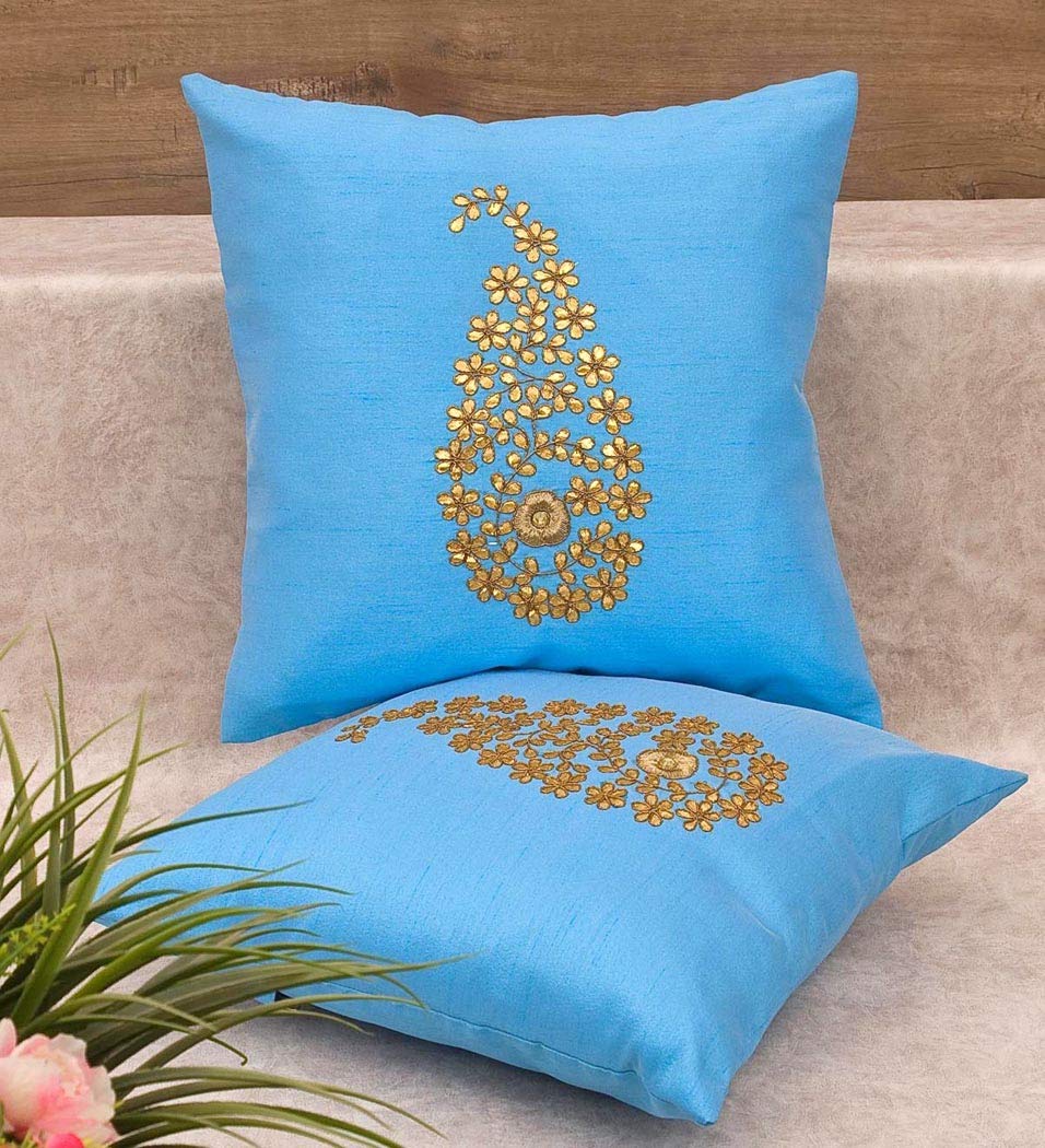 Pack of 2 Decorative Embroidered Square Cushion - Sky Blue