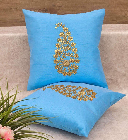 Pack of 2 Decorative Embroidered Square Cushion - Sky Blue