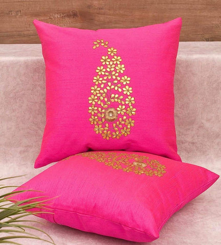 Pack of 2 Decorative Embroidered Square Cushion - Shocking Pink