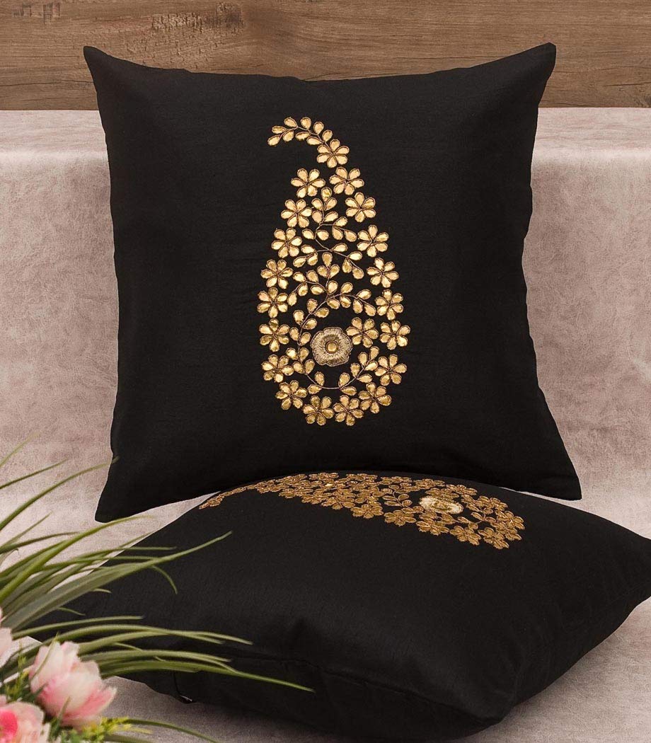Pack of 2 Decorative Embroidered Square Cushion - Black
