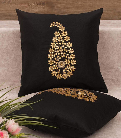 Pack of 2 Decorative Embroidered Square Cushion - Black