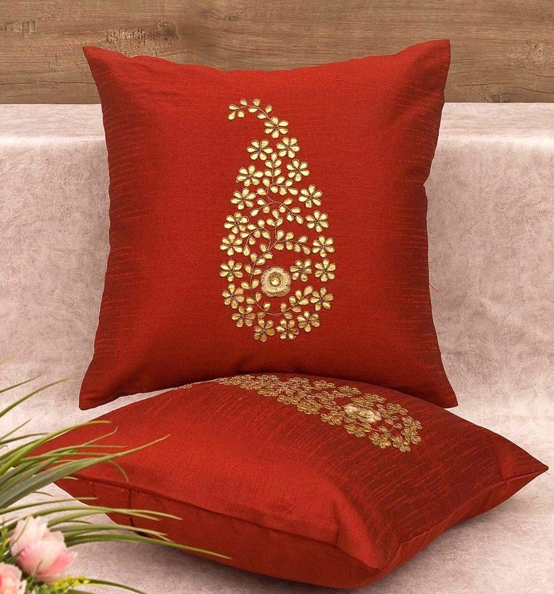 Pack of 2 Decorative Embroidered Square Cushion-Red