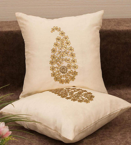Pack of 2 Decorative Embroidered Square Cushion - Cream