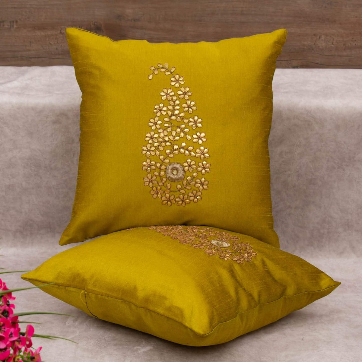 Pack of 2 Decorative Embroidered Square Cushion - Golden