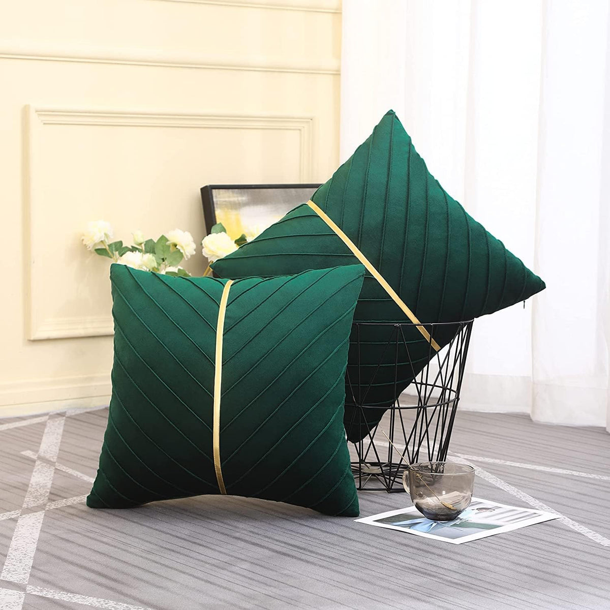 Pack of 2 Velvet Decorative Square Cushion - Flag Green