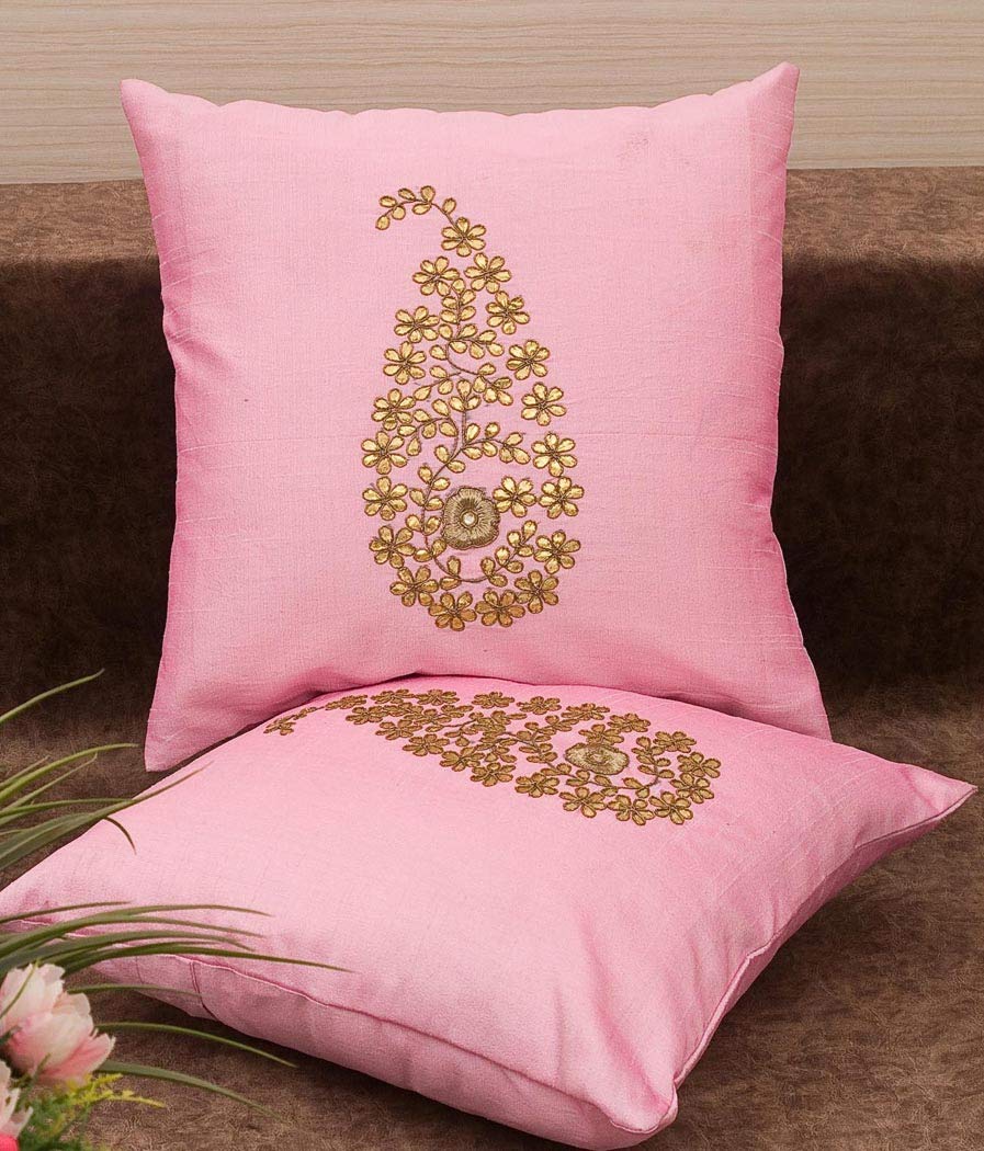Pack of 2 Decorative Embroidered Square Cushion - Pink