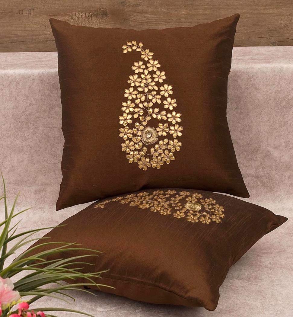 Pack of 2 Decorative Embroidered Square Cushion - Chocolate Brown